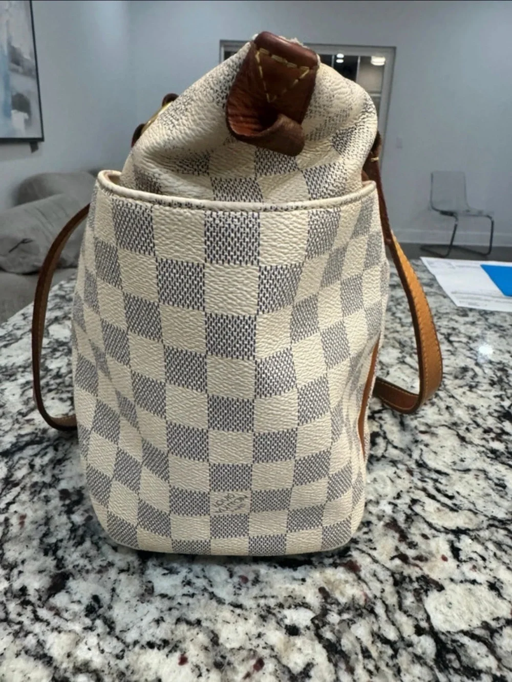 Louis Vuitton Cream Checkered Tote with Brown Leather Straps